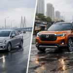 Split image comparing a sedan on a smooth city road with an SUV on a broken, flooded road