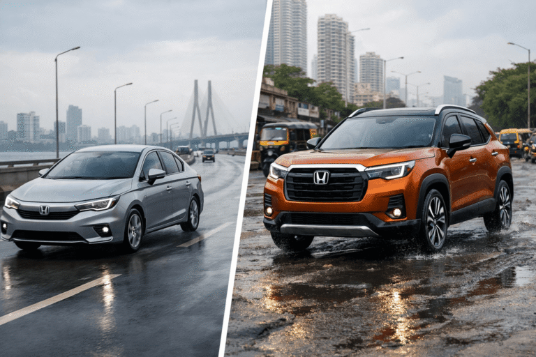 Split image comparing a sedan on a smooth city road with an SUV on a broken, flooded road