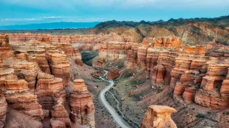 Charyn Canyon red sandstone formations and the road through the Valley of Castles